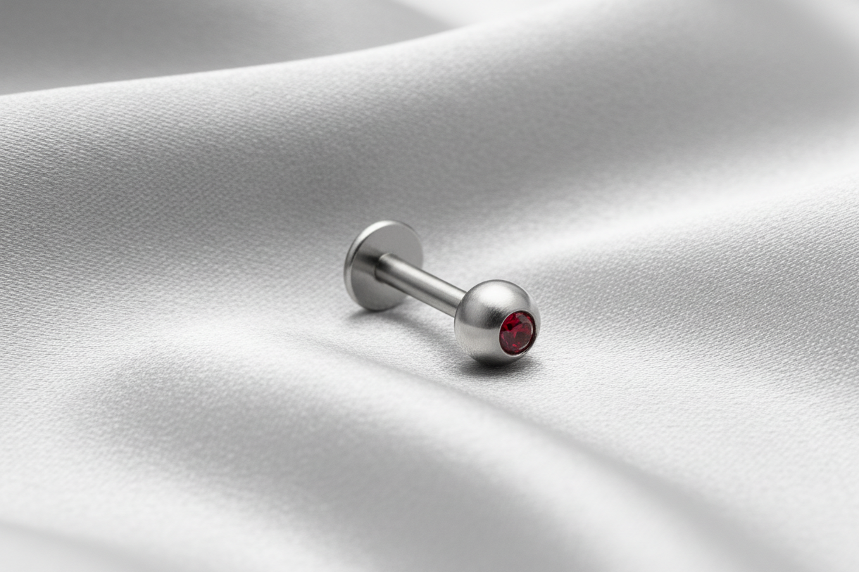 Red Crystal Labret Lip Ring in 316l stainless steel.