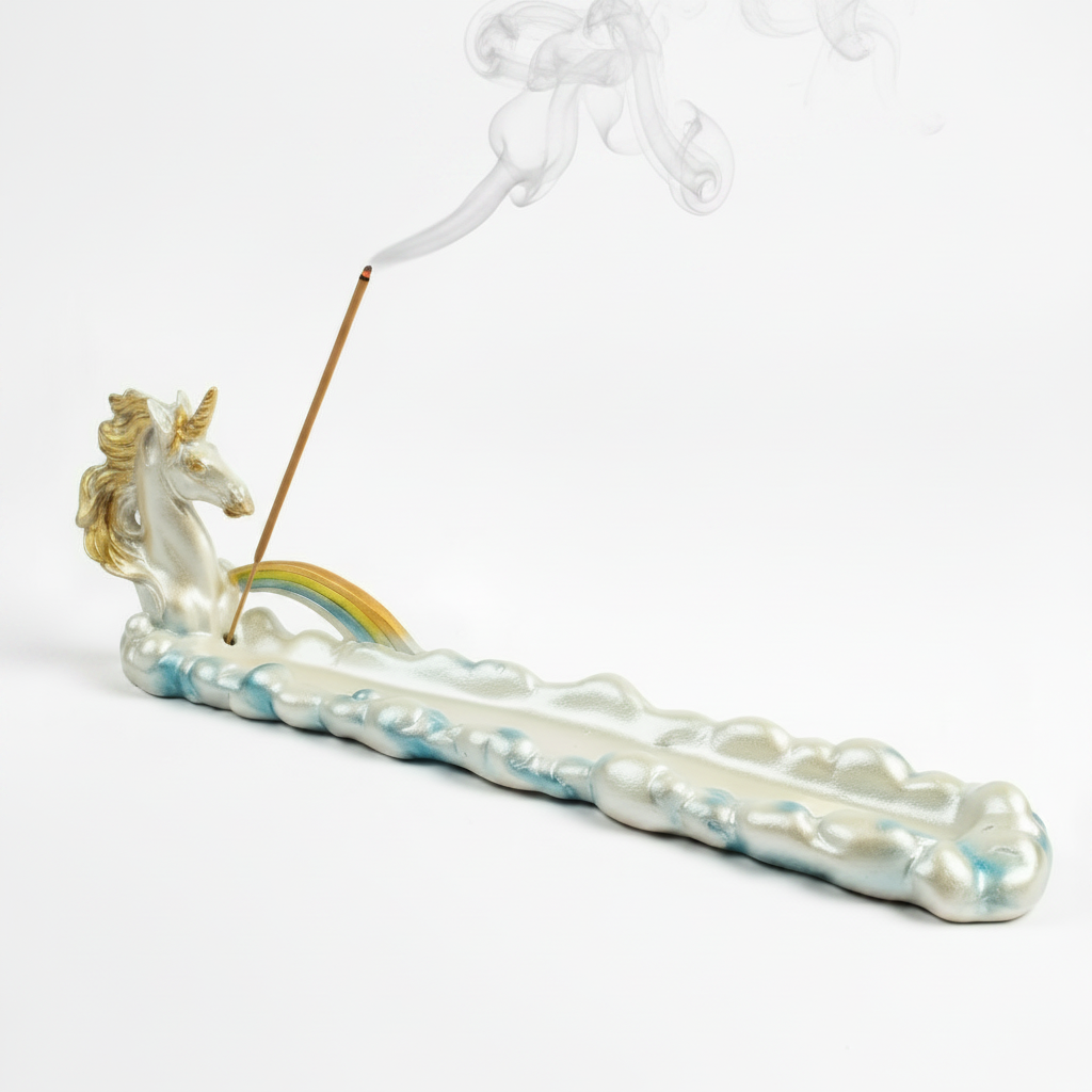 Unicorn Resin Incense Holder - Free Incense on a white background with incense burning and smoke rising.