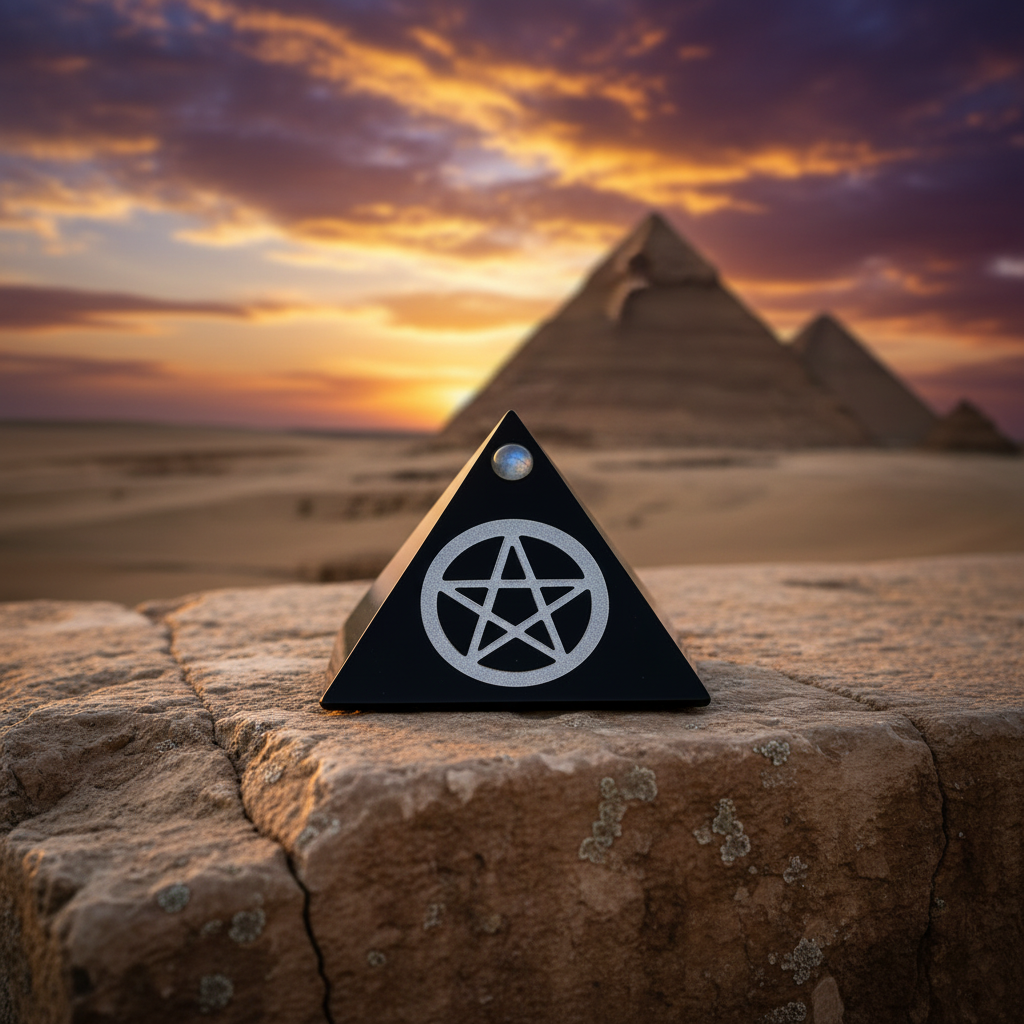 Black Pentacle Mini Glass Pyramid Keepsake Box on a stone surface with Giza plateau in the background.
