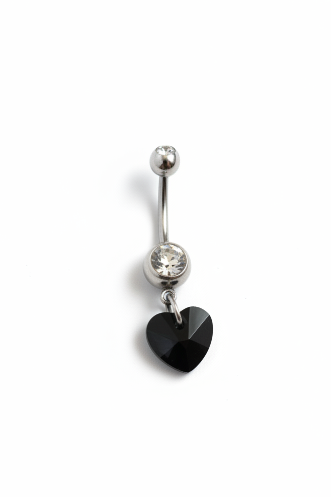 Black Crystal Heart Belly Button Ring in 316l stainless steel close up detail.