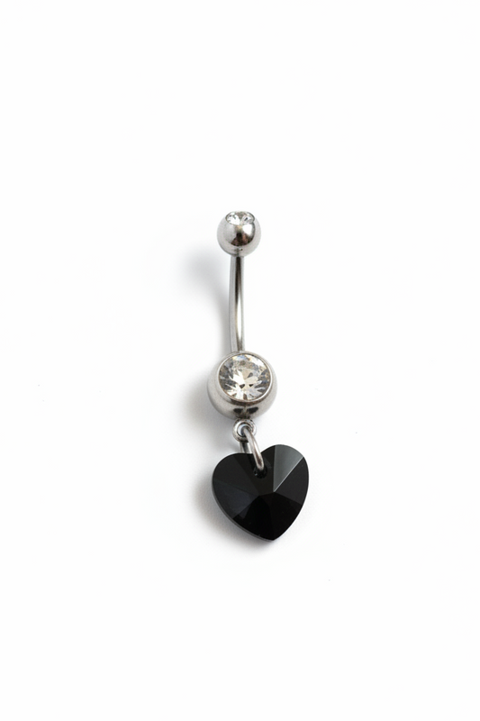 Black Crystal Heart Belly Button Ring in 316l stainless steel close up detail.