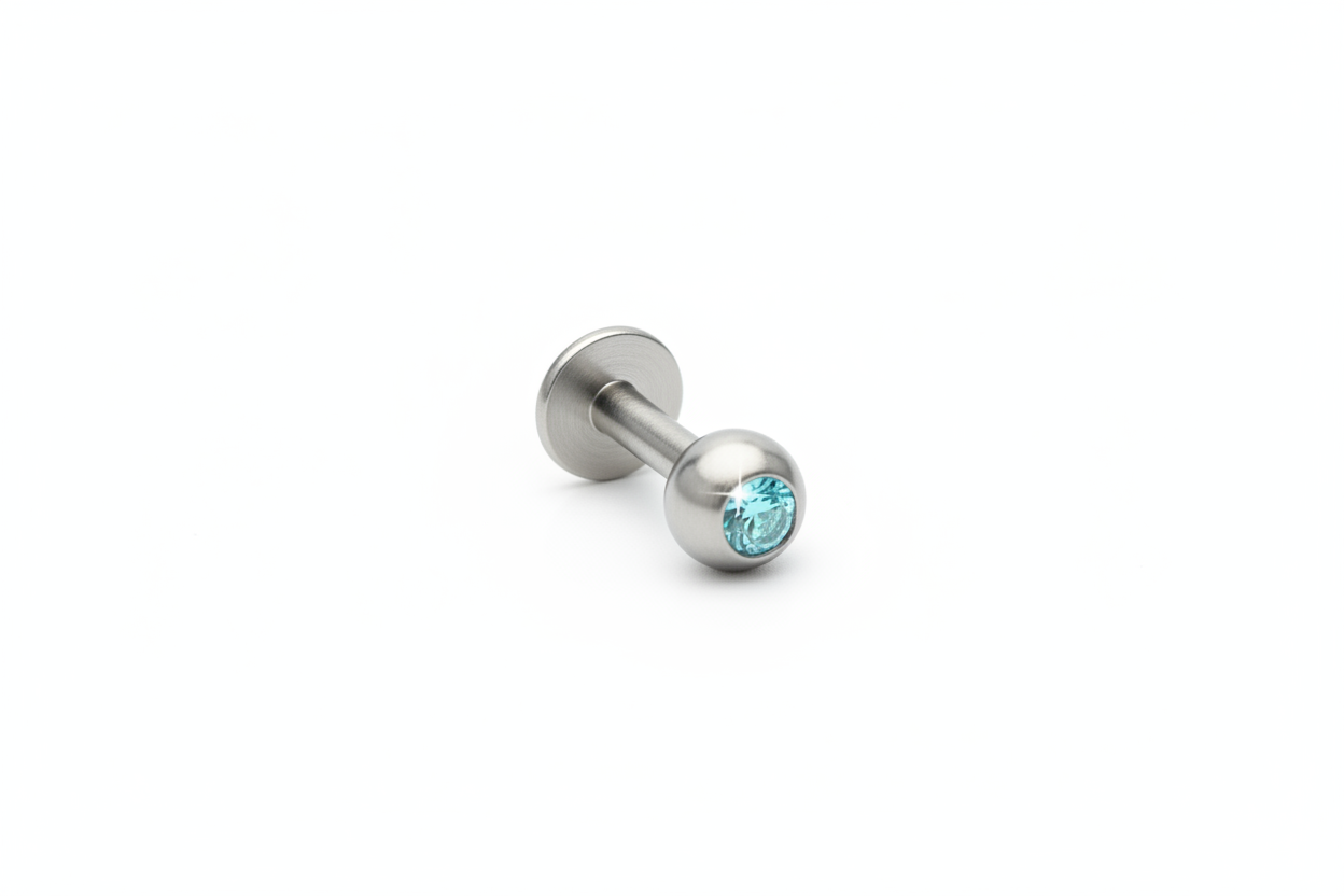 Aqua Crystal Labret Lip Ring in 316l stainless steel close up detail.