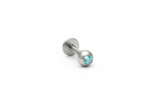 Aqua Crystal Labret Lip Ring in 316l stainless steel close up detail.