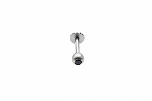 Black Crystal Labret Lip Ring in 316l stainless steel close up detail.