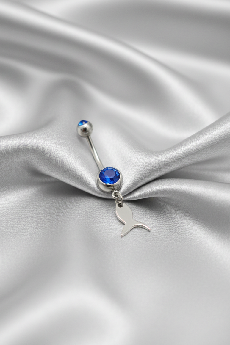 Blue Crystal Steel Fish Belly Button Ring in 316l stainless steel.