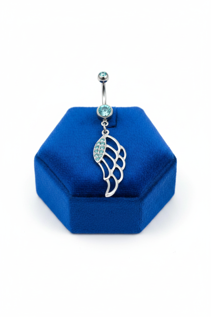 Aqua Crystal Wing Belly Button Ring in 316l stainless steel on a blue velvet jewelry display.