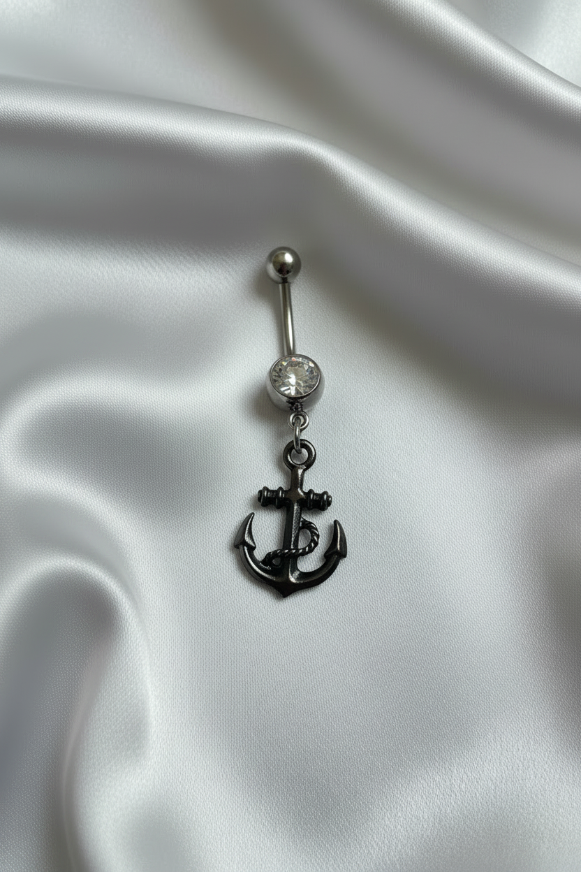 Clear Crystal Black Anchor Belly Button Ring in 316l stainless steel.