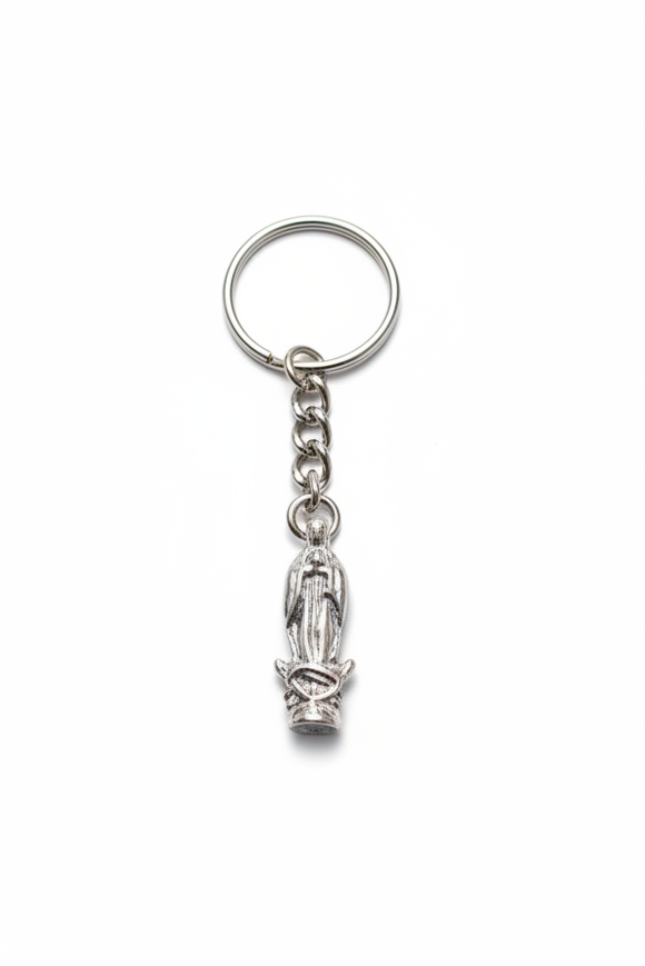 Virgin Mary Handmade Pewter Charm Keychain on a white background.