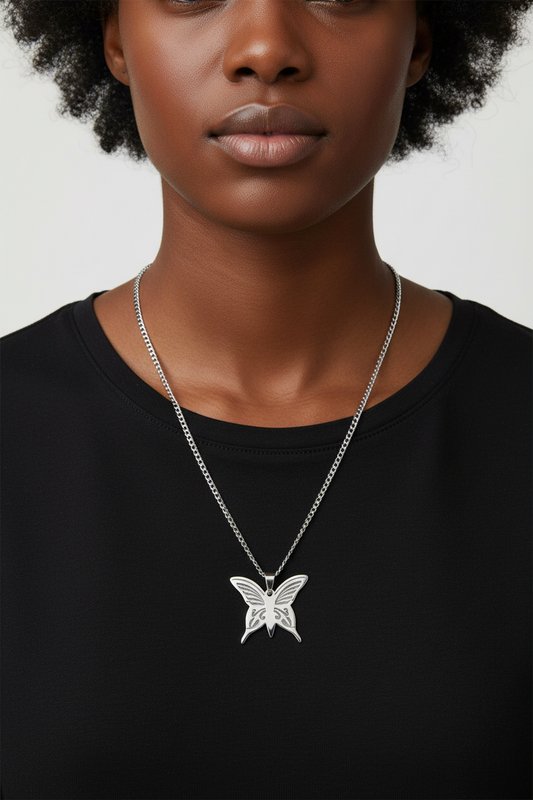 Butterfly Steel Chain Necklace in 316l stainless steel on a female model.