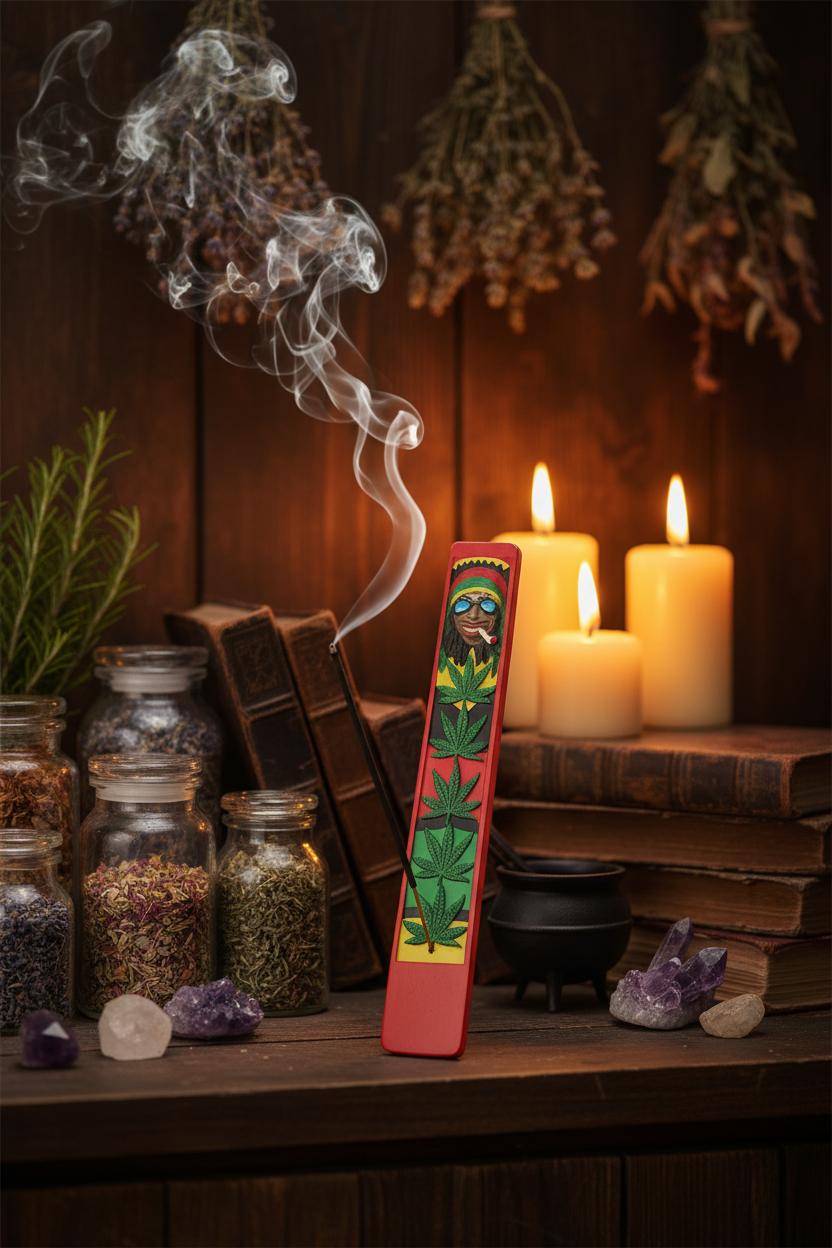 Rastafarian Resin Incense Holder - Free Incense on the counter in a mystic kitchen with incense burning and smoke rising.