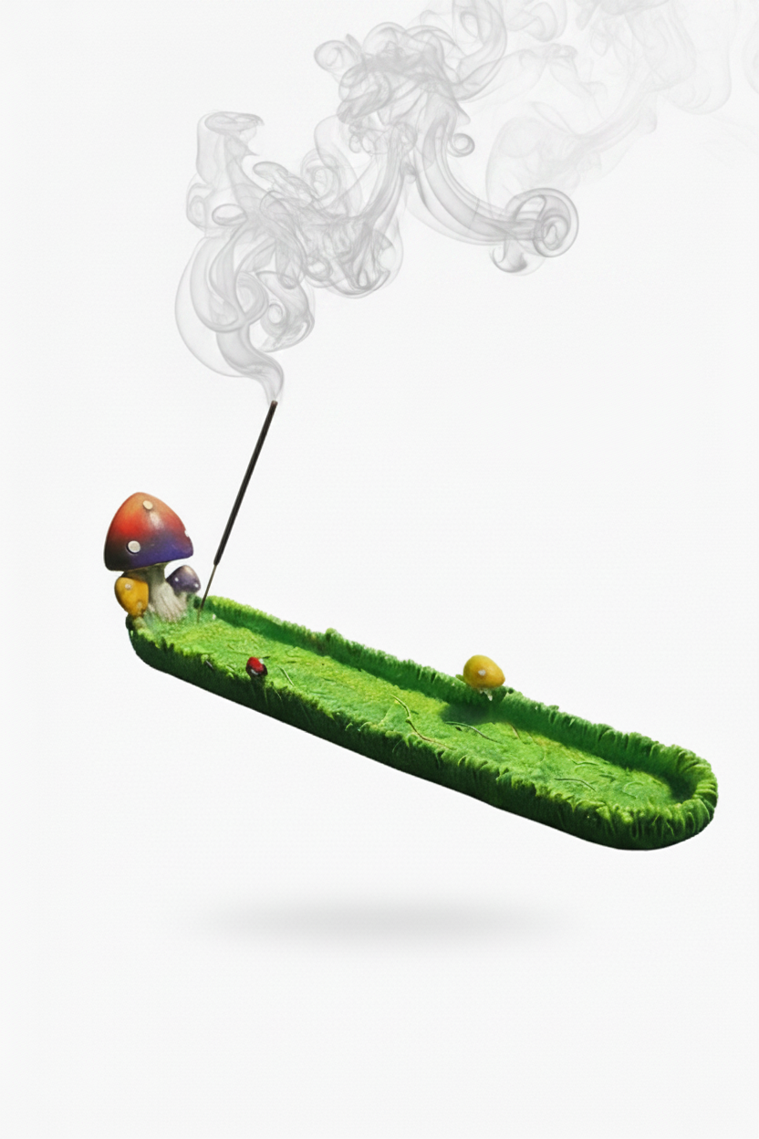 Red Mushroom Resin Incense Holder - Free Incense on a white background with incense burning and smoke rising.