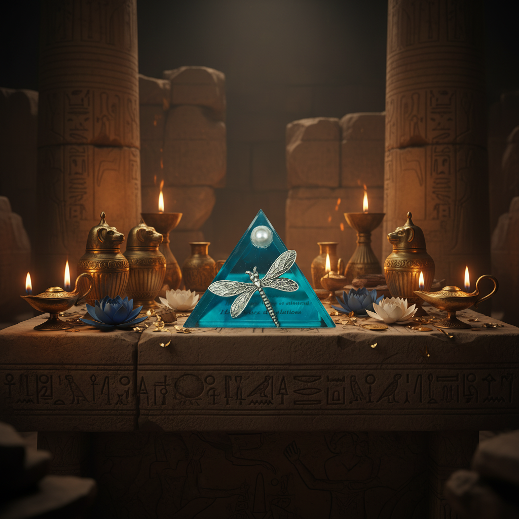 Aqua Dragonfly Mini Glass Pyramid Keepsake Box on an Egyptian altar.