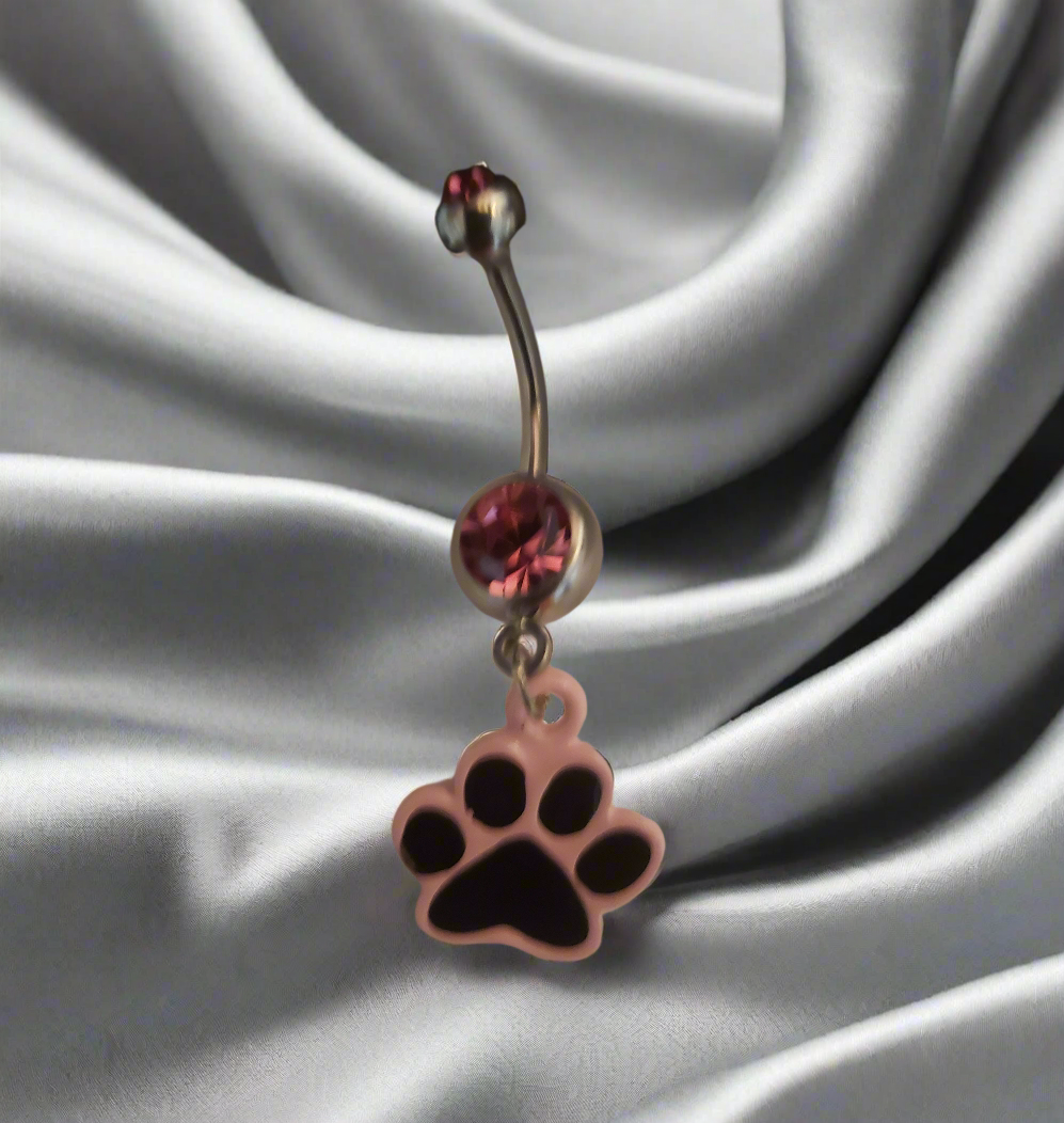 Belly Piercing Stainless Steel 316L with Dangling Pink Paw