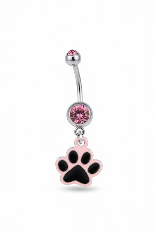 Pink Crystal Puppy Paw Belly Button Ring in 316l stainless steel close up detail.