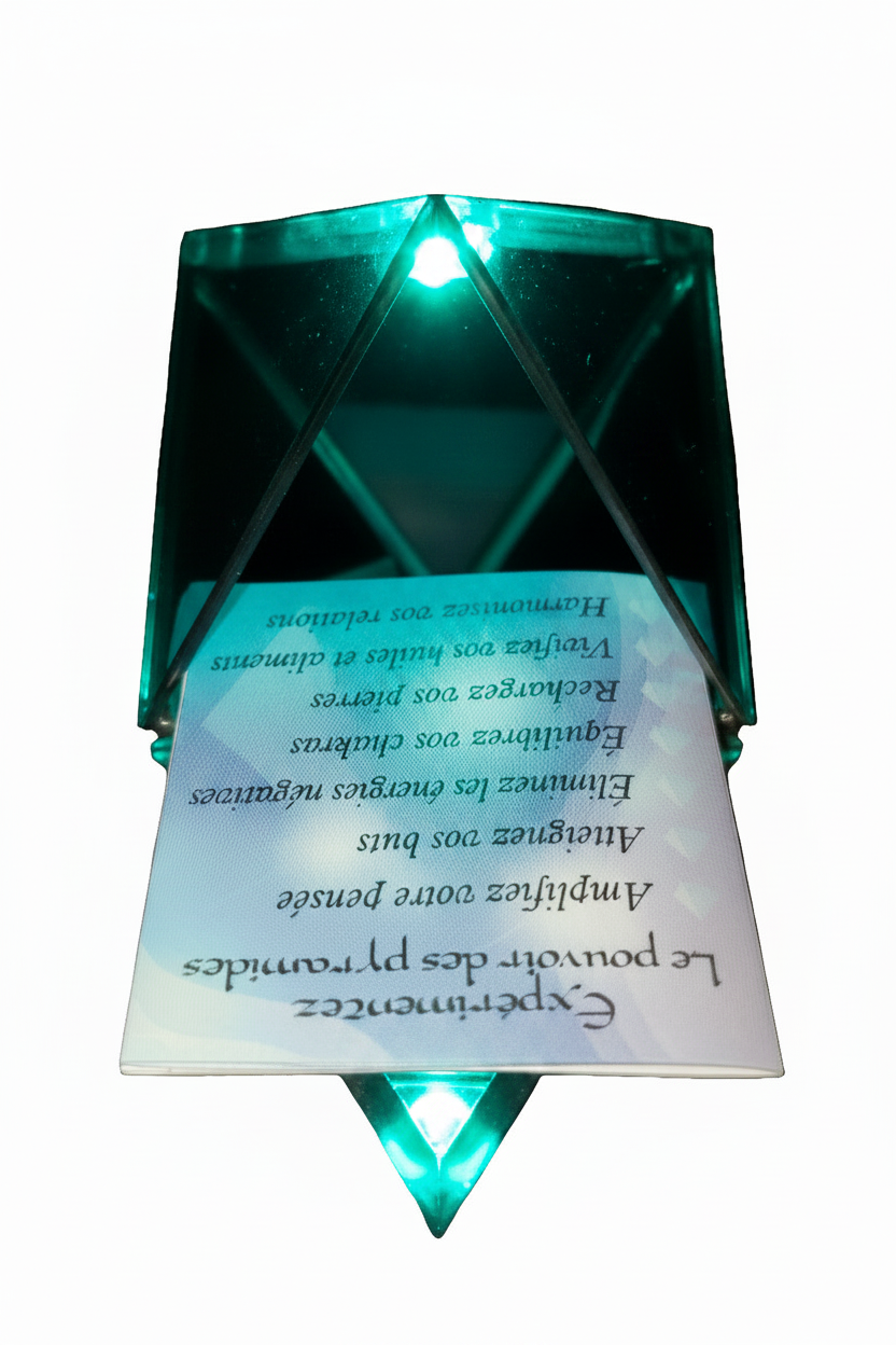 Aqua mini pyramid keepsake box open on a white background showing mirrored base interior.