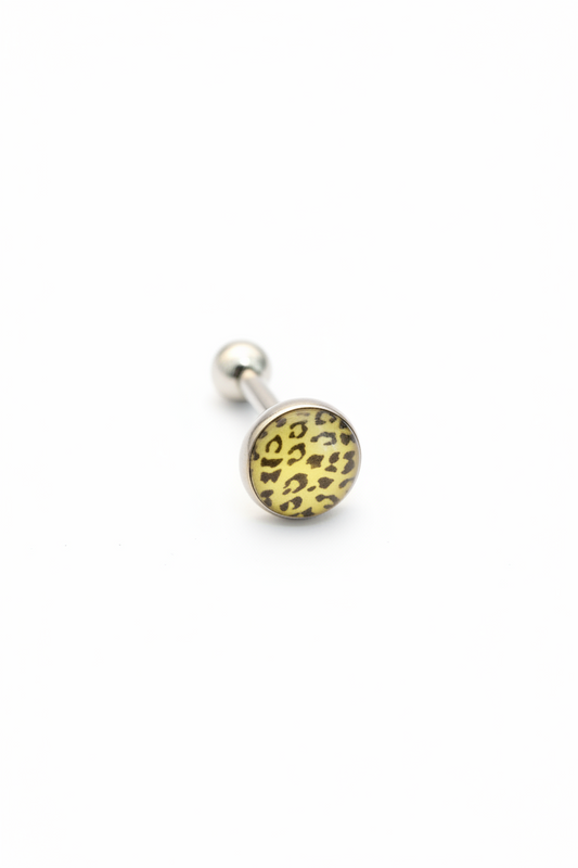 White Leopard Print tongue barbell in 316l stainless steel