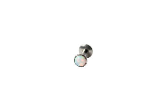 Internally Threaded White Opal Labret Lip Ring in 316l stainless steel close up detail.