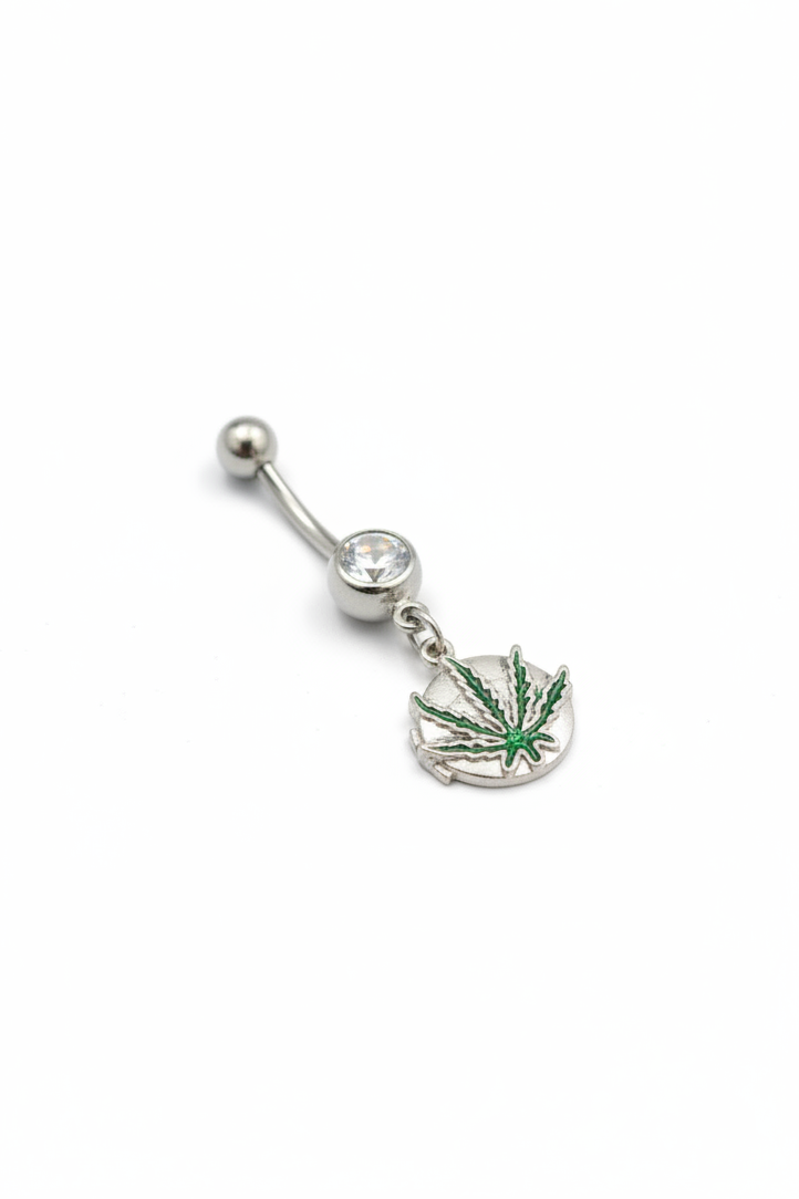 Clear Crystal Green Leaf Locket Belly Button Ring in 316l stainless steel angled right.