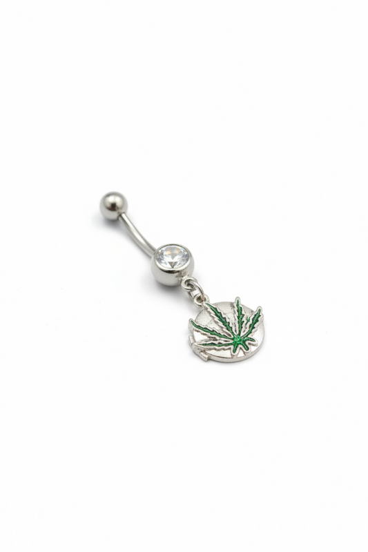 Clear Crystal Green Leaf Locket Belly Button Ring in 316l stainless steel angled right.