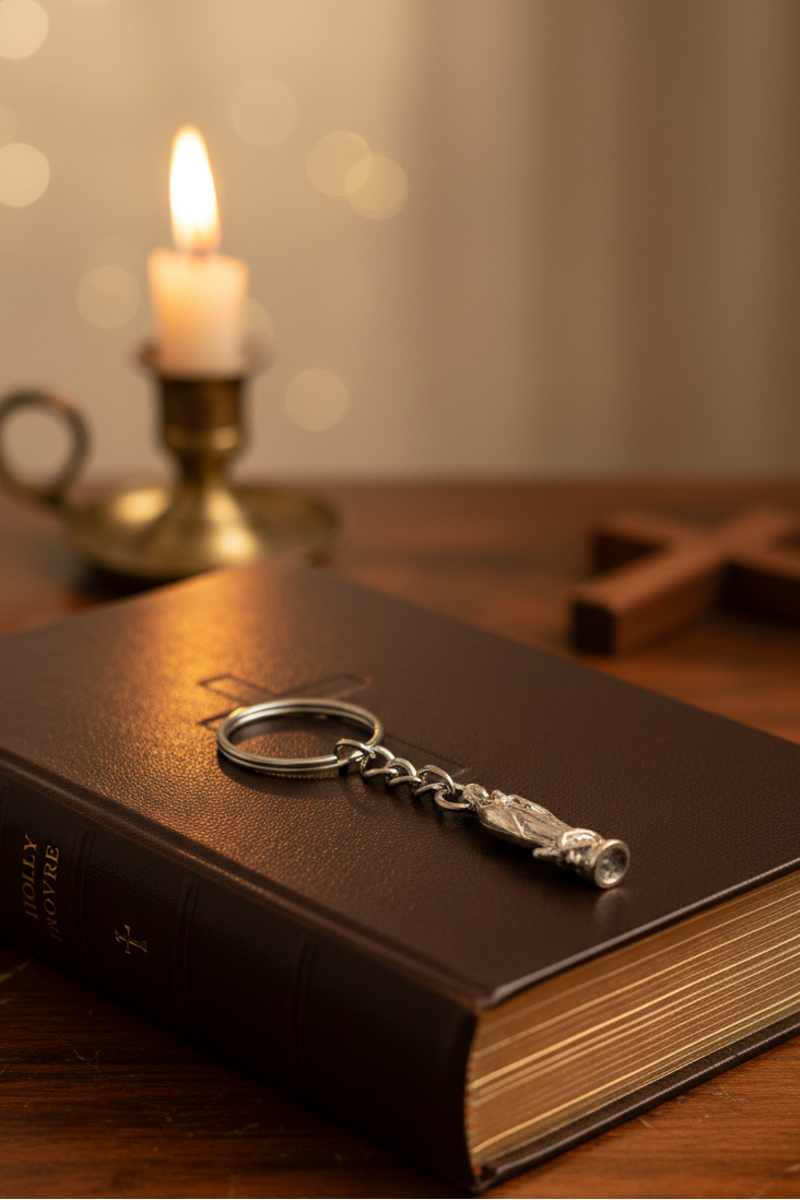 Virgin Mary Handmade Pewter Charm Keychain placed on top of a closed bible on a table with a wooden cross and a burning candle in the background.