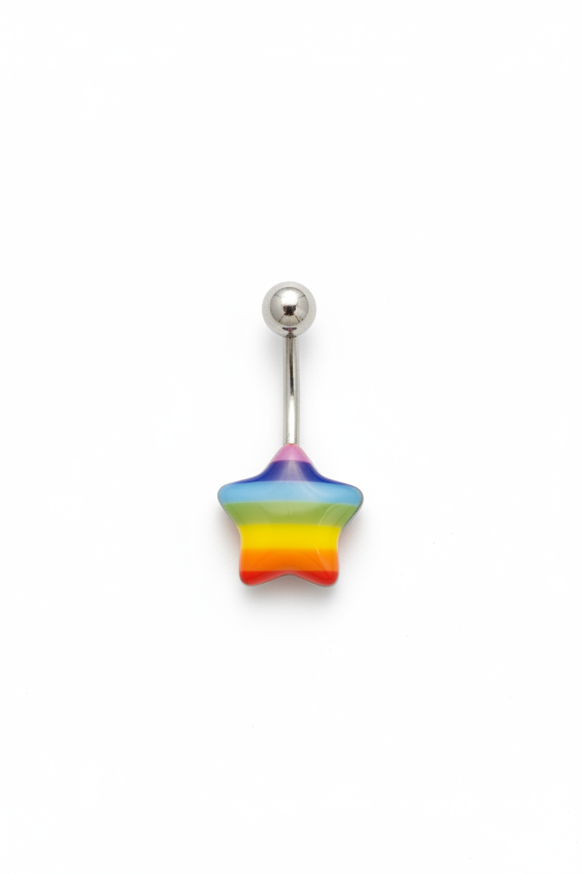 Rainbow Star acrylic belly button ring in 316l stainless steel