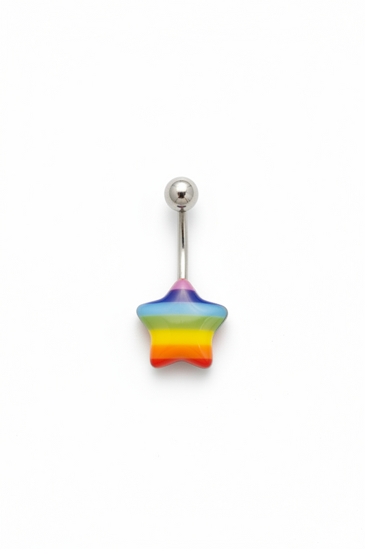 Rainbow Star acrylic belly button ring in 316l stainless steel