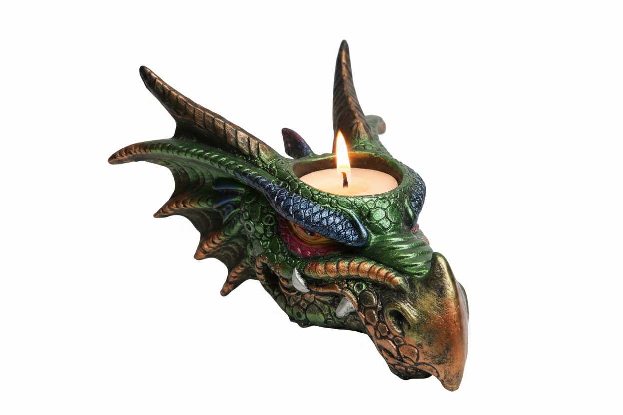 Mystical Rainbow Dragon Head Resin Tea Light Candle Holder on a white background with candle lit showing a warm glow.