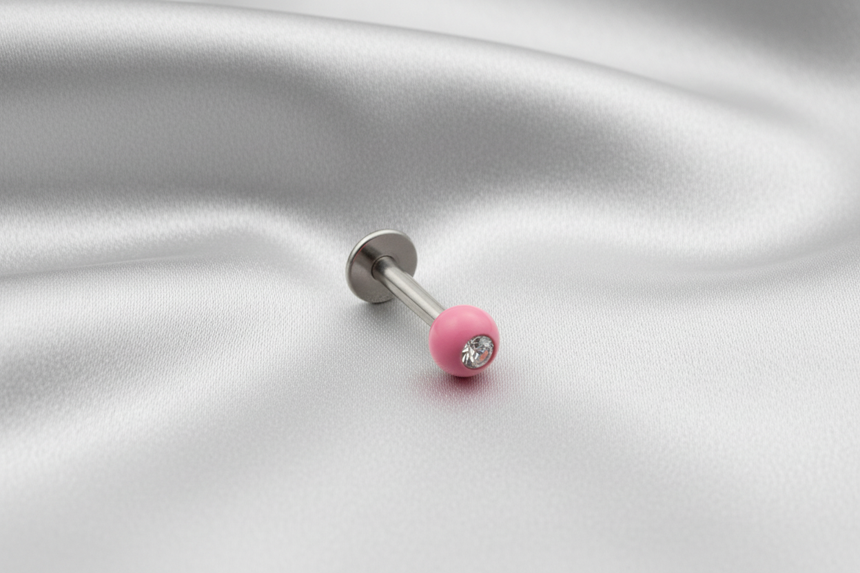 Clear Crystal Pink Acrylic Labret Lip Ring in 316l stainless steel.