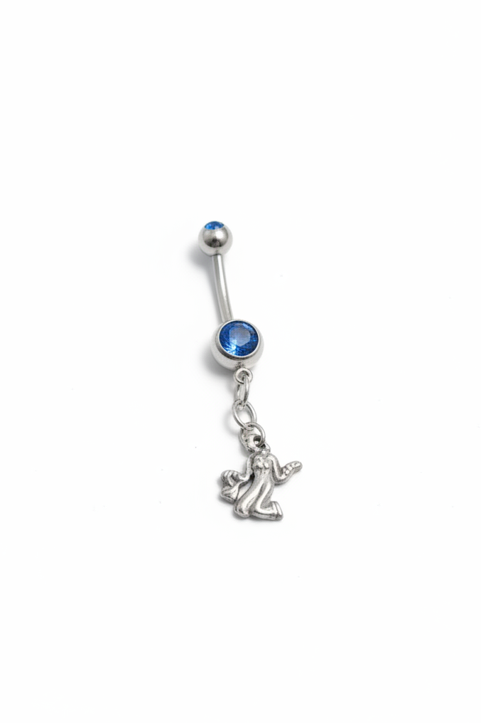 Blue Crystal Virgo Belly Button Ring in 316l stainless steel close up detail.