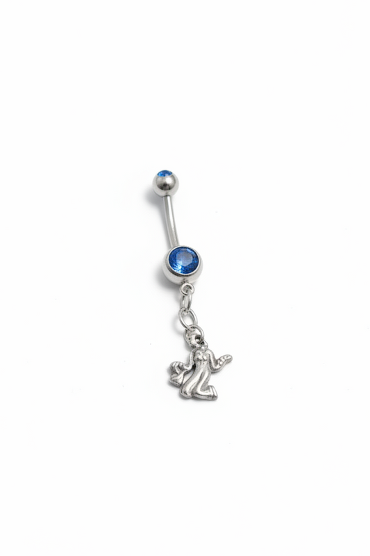 Blue Crystal Virgo Belly Button Ring in 316l stainless steel close up detail.