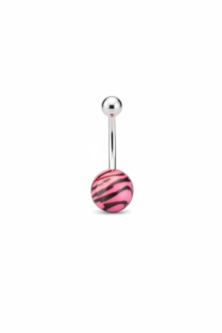 Pink Tiger Striped acrylic belly button ring in 316L stainless steel