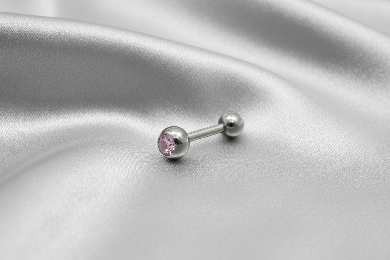 Pink Crystal tongue barbell in 316l stainless steel