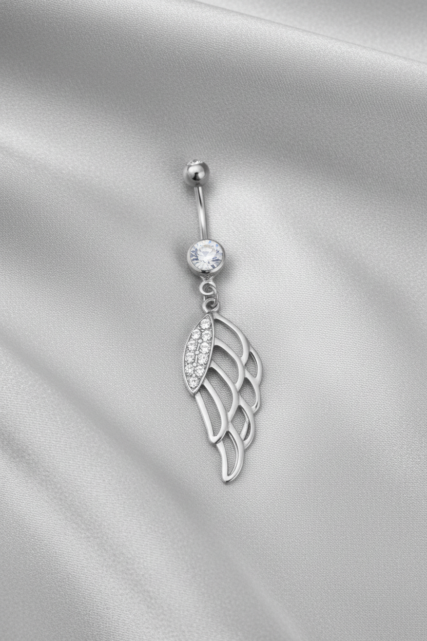 Clear Crystal Wing Belly Button Ring in 316l stainless steel.