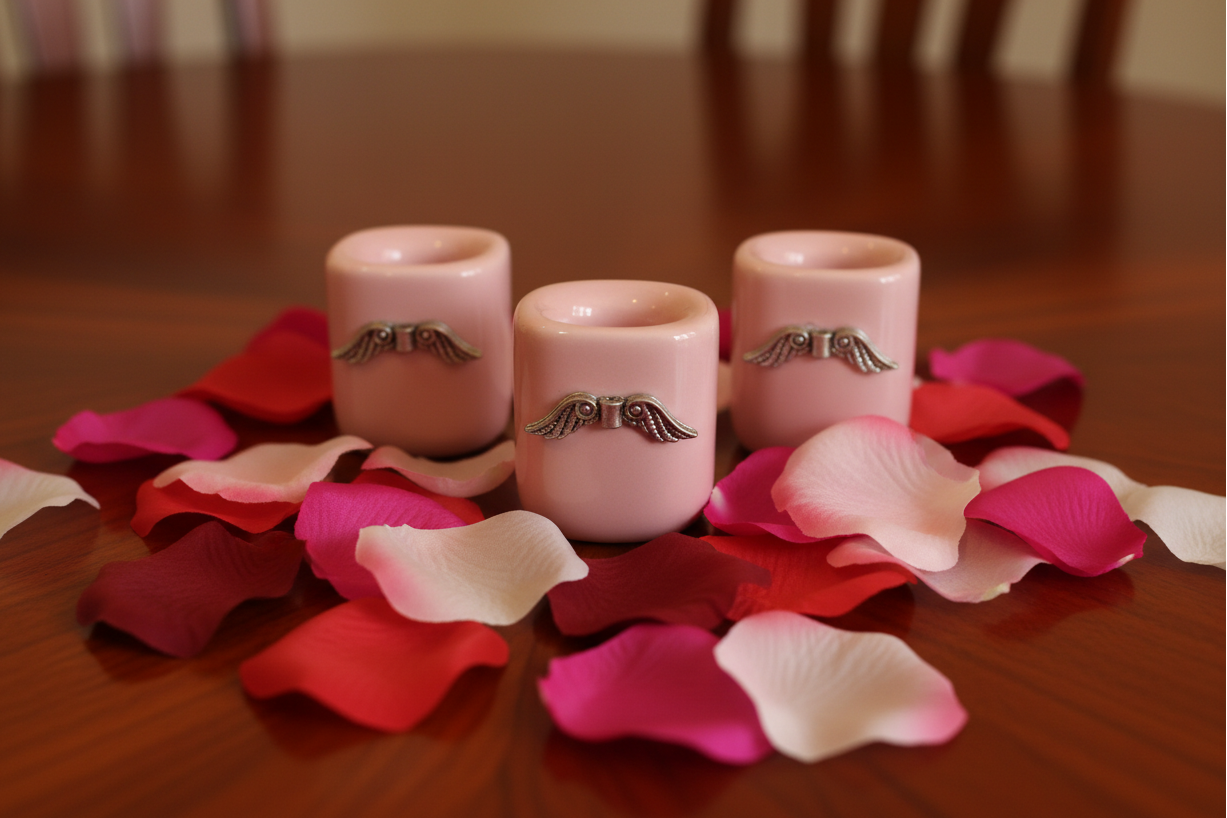 Pink Wings Ceramic Mini Candle Holder Set of Three on a redwood kitchen table surrounded by pink, white and red rose petals.