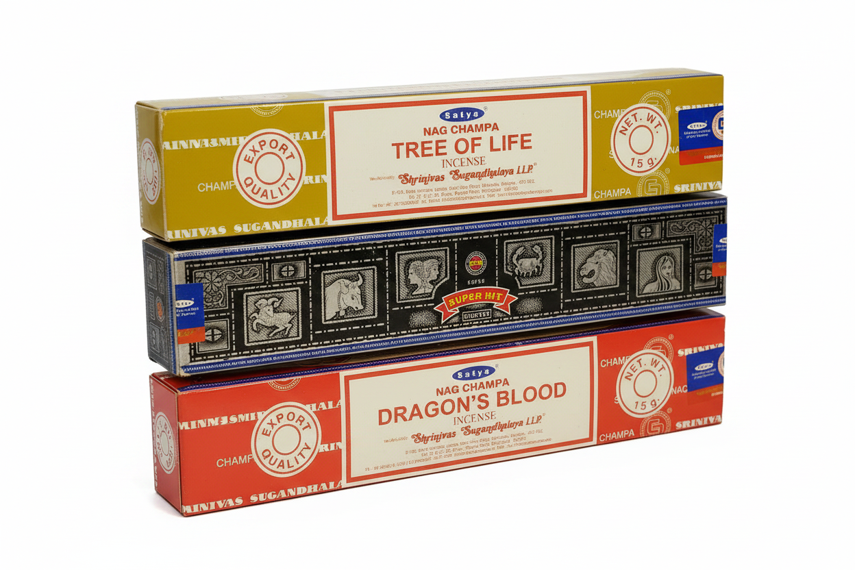 Satya Tree of Life, Superhit and Dragon's Blood Incense on a white background. Free with purchase of Pink Open Jaws Dragon Resin Incense Holder - Free Incense.