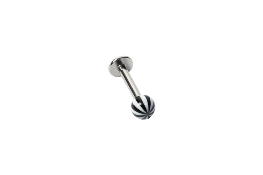 Black & White Striped Acrylic Labret Lip Ring in 316l stainless steel close up detail.