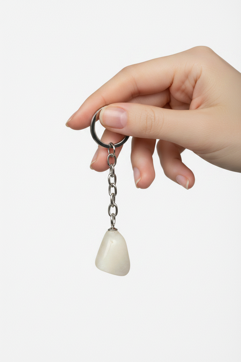 Opaque White Quartz Natural Earth Stone Handmade Steel Plated Keychain held by a hand showing scale.