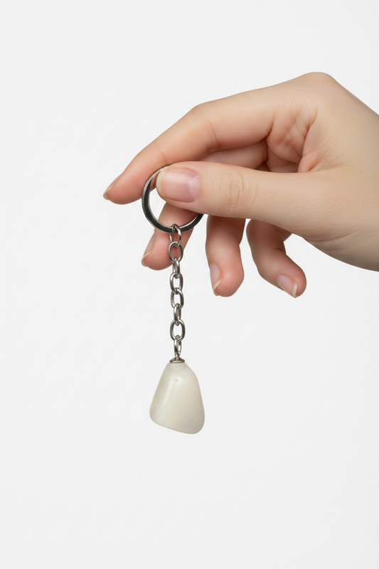 Opaque White Quartz Natural Earth Stone Handmade Steel Plated Keychain held by a hand showing scale.