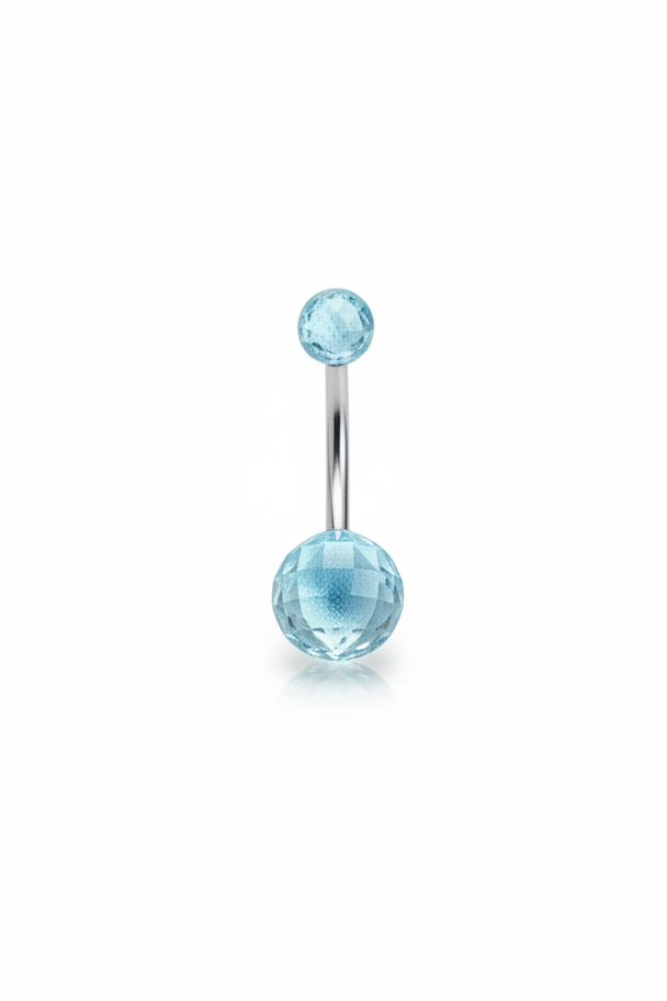 Blue Acrylic Disco Ball Belly Button Ring in 316l stainless steel close up detail.