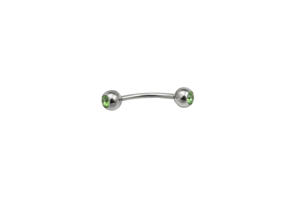 Green Crystal Ball Eyebrow Ring in 316l stainless steel close up detail.