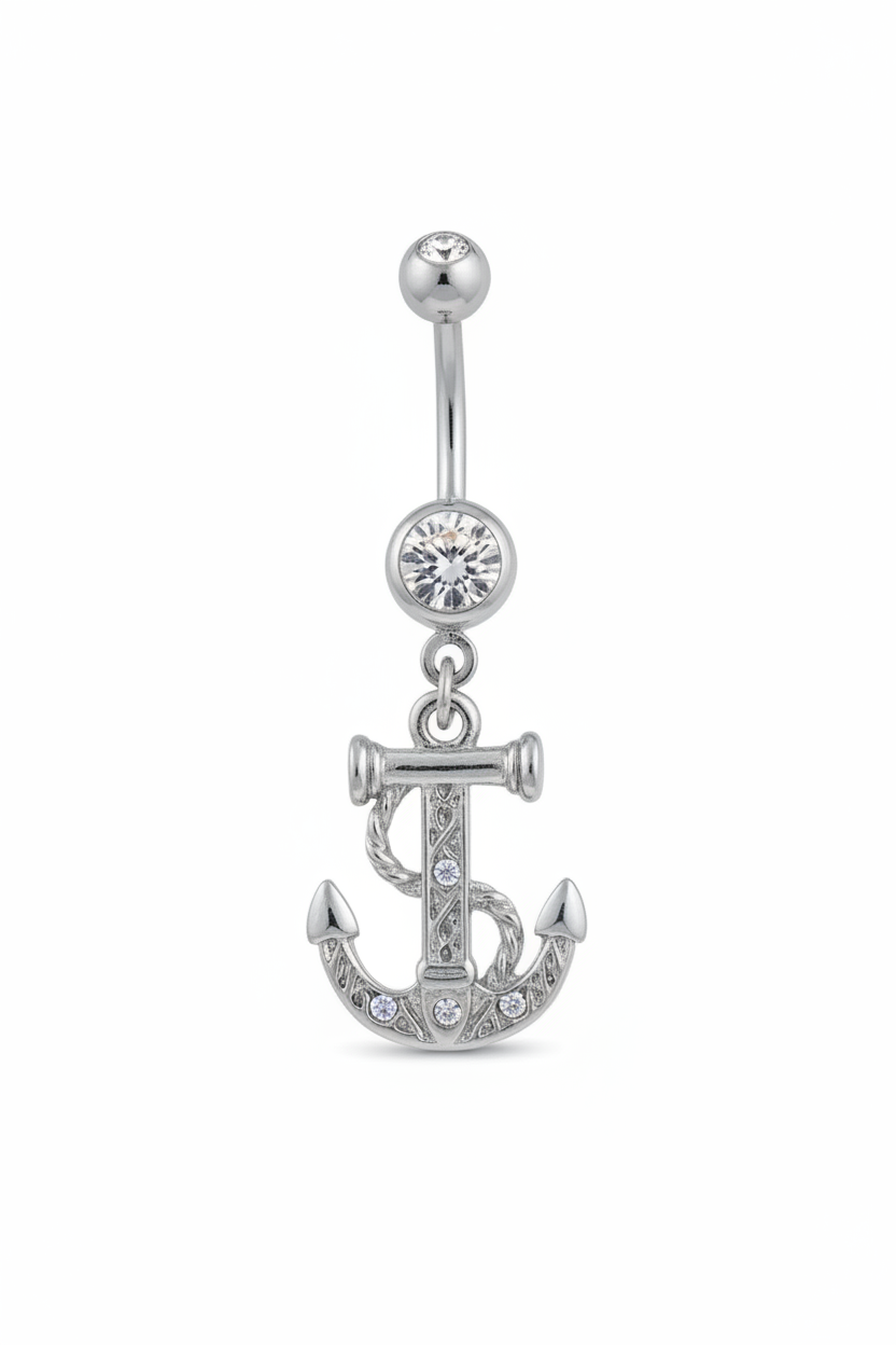 Clear Crystal Rope Anchor Belly Button Ring in 316l stainless steel close up detail.