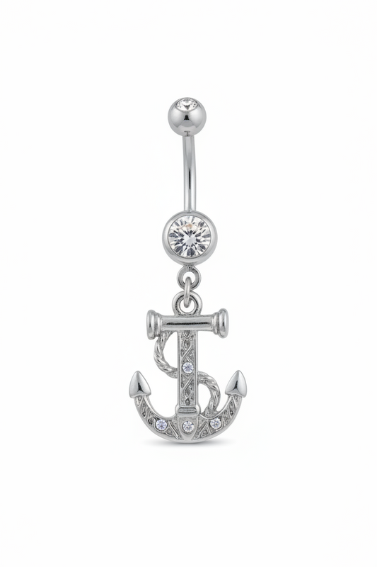 Clear Crystal Rope Anchor Belly Button Ring in 316l stainless steel close up detail.