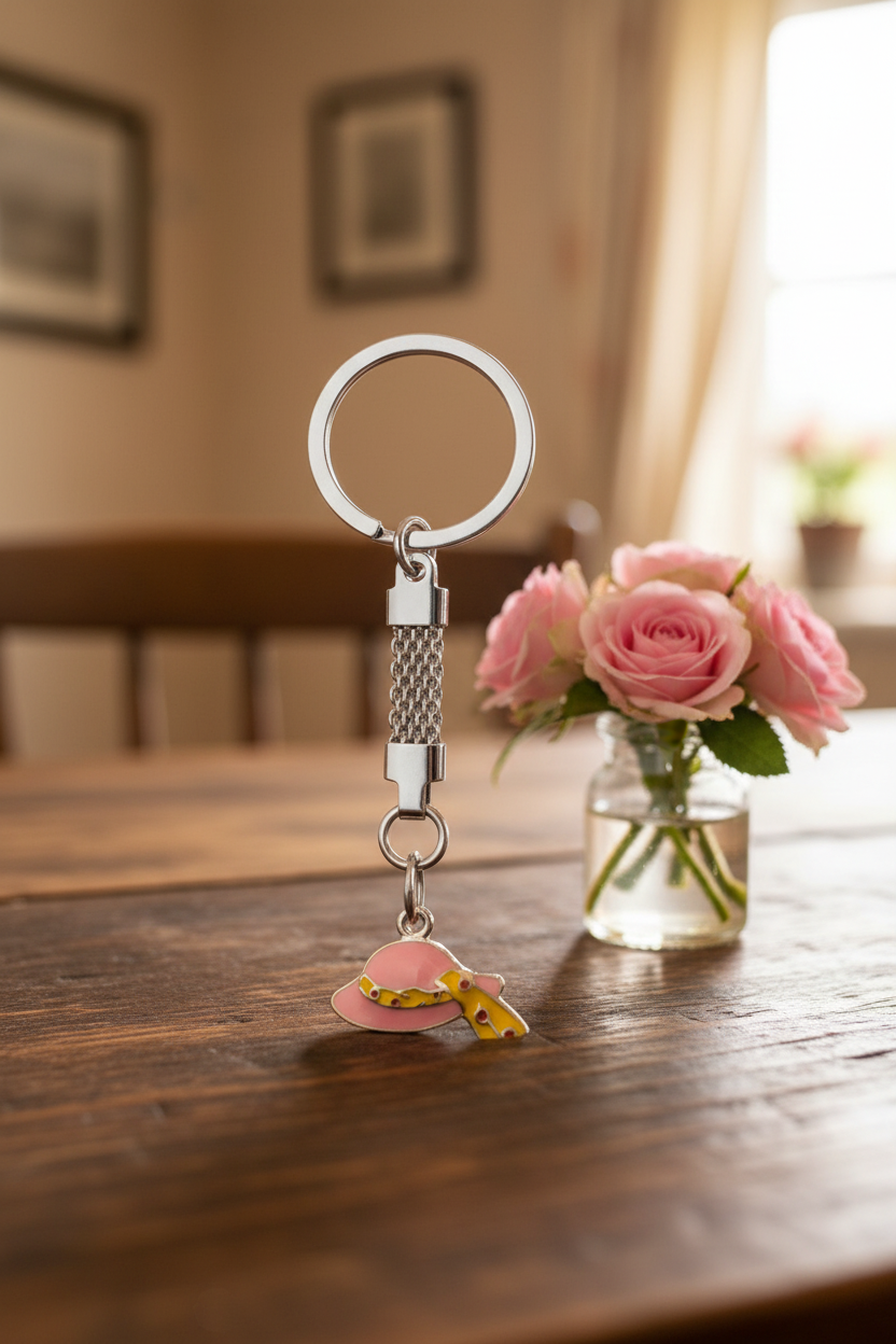 Pink Enamel Hat Handmade Silver Plated Charm Keychain on a wooden table in a country cottage next to a vase of pink roses.