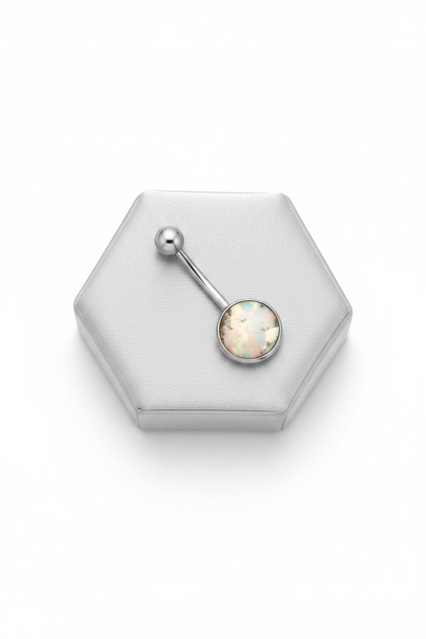 Gray Desert Camouflage Belly Button Ring in 316l stainless steel on a silver jewelry display.