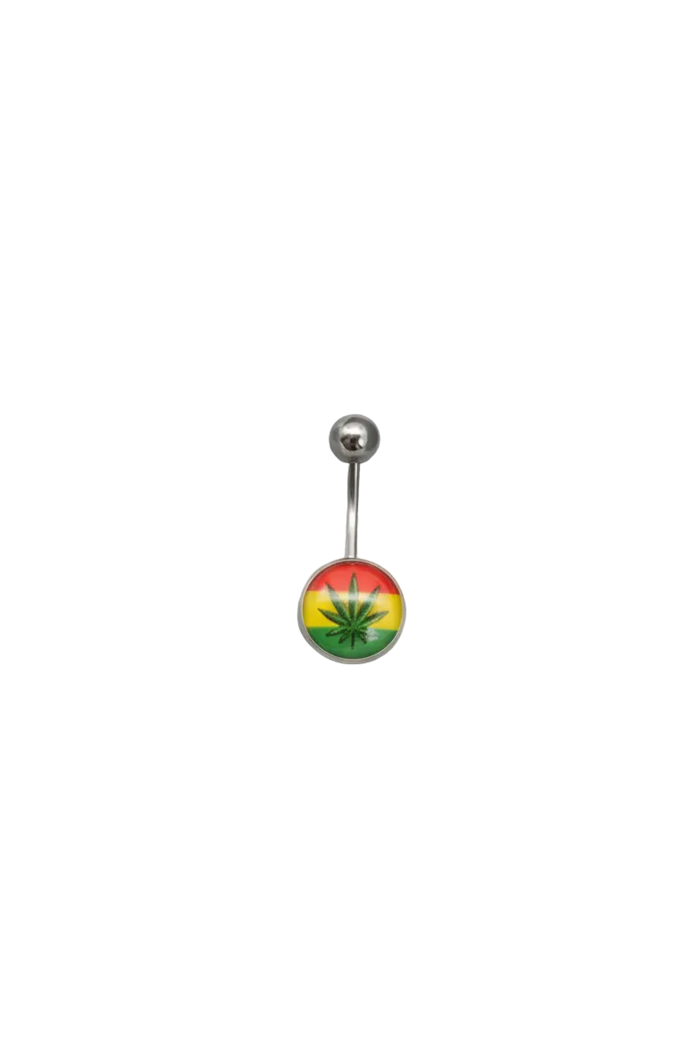 Green Leaf Rastafarian Belly Button Ring in 316l stainless steel on a white background.