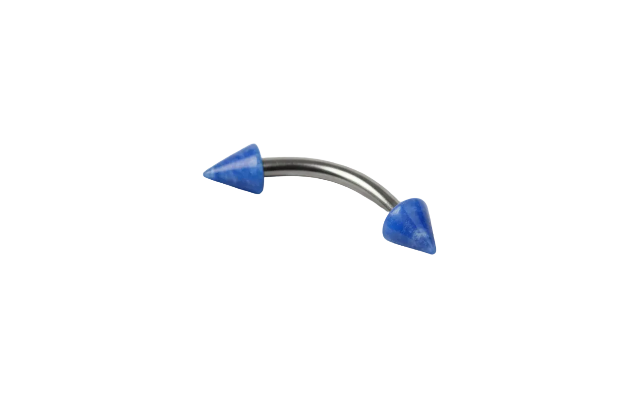 Blue Glow Acrylic Spike Eyebrow Ring in 316l stainless steel close up detail.