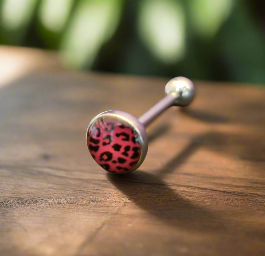 Stainless Steel 316L Pink Leopard Print Tongue Piercing