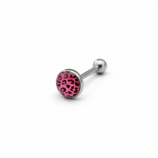 Pink Leopard Print tongue barbell in 316l stainless steel