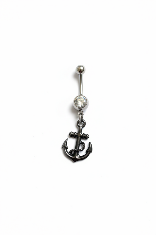 Clear Crystal Black Anchor Belly Button Ring in 316l stainless steel close up detail.
