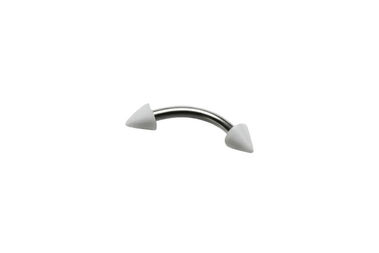 White Glow Acrylic Spike Eyebrow Ring in 316l stainless steel close up detail.